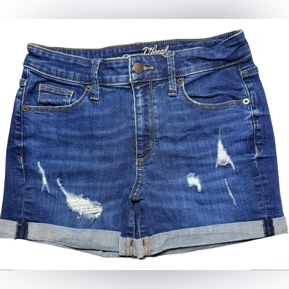 Universal Thread High Rise Midi Jean Shorts Size 2/26 Distressed Roll Cuff Denim
